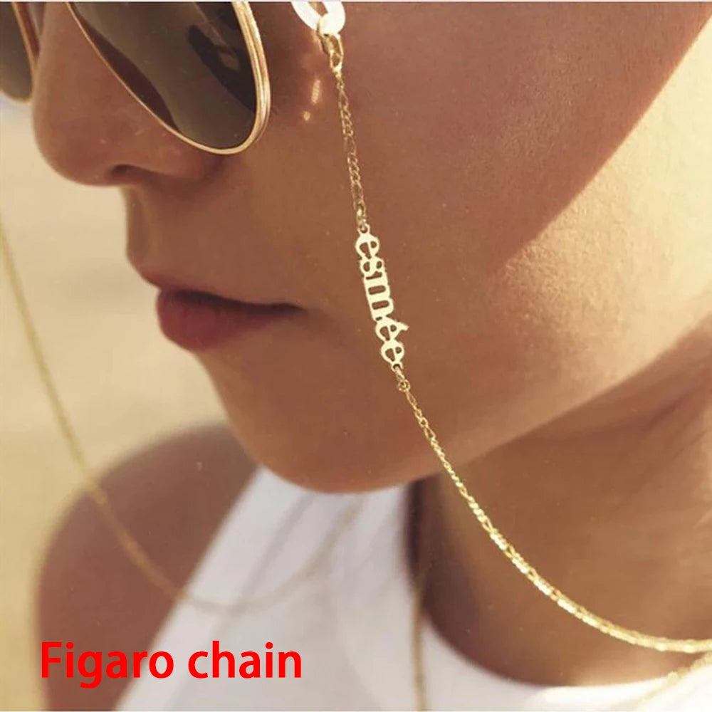 Mini-World 2022 nuevas gafas de sol cadenas adhesivas para mujeres joyería personalizada de acero inoxidable nombre personalizado gafas cadena cordón 