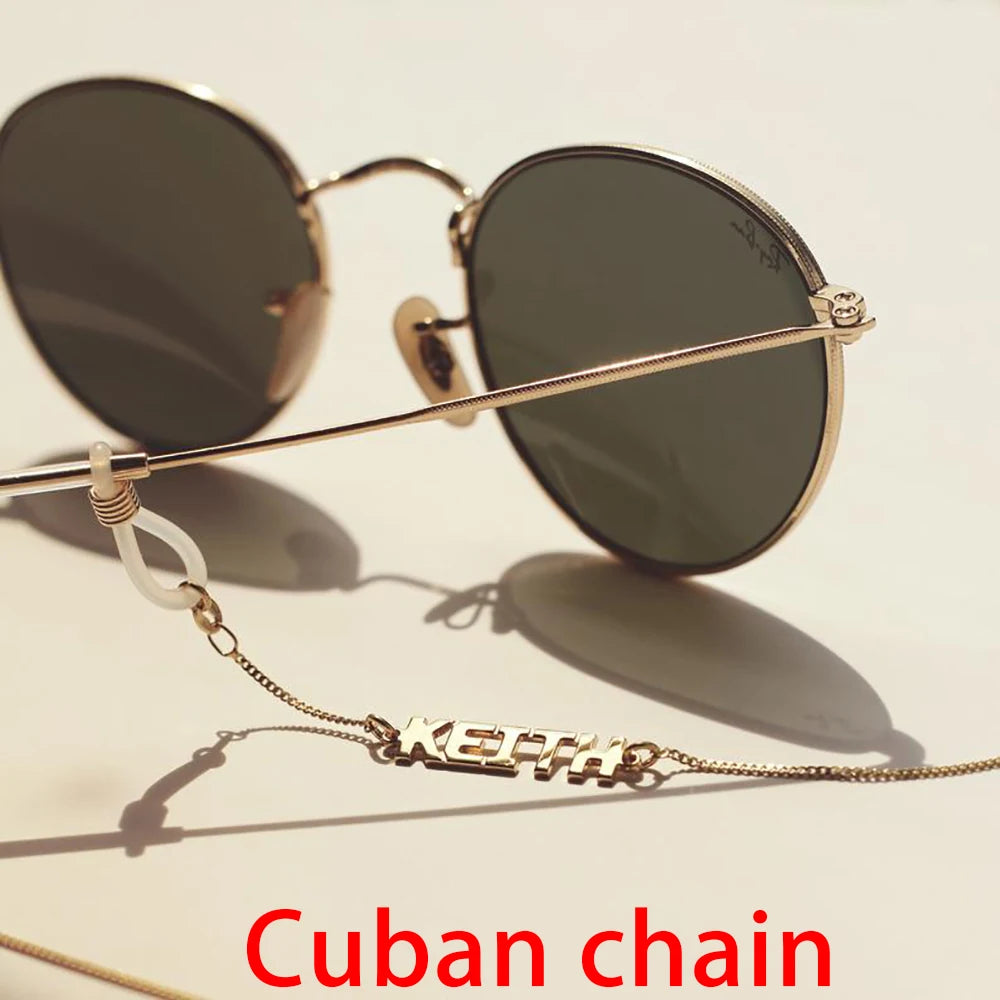 Mini-World 2022 nuevas gafas de sol cadenas adhesivas para mujeres joyería personalizada de acero inoxidable nombre personalizado gafas cadena cordón 