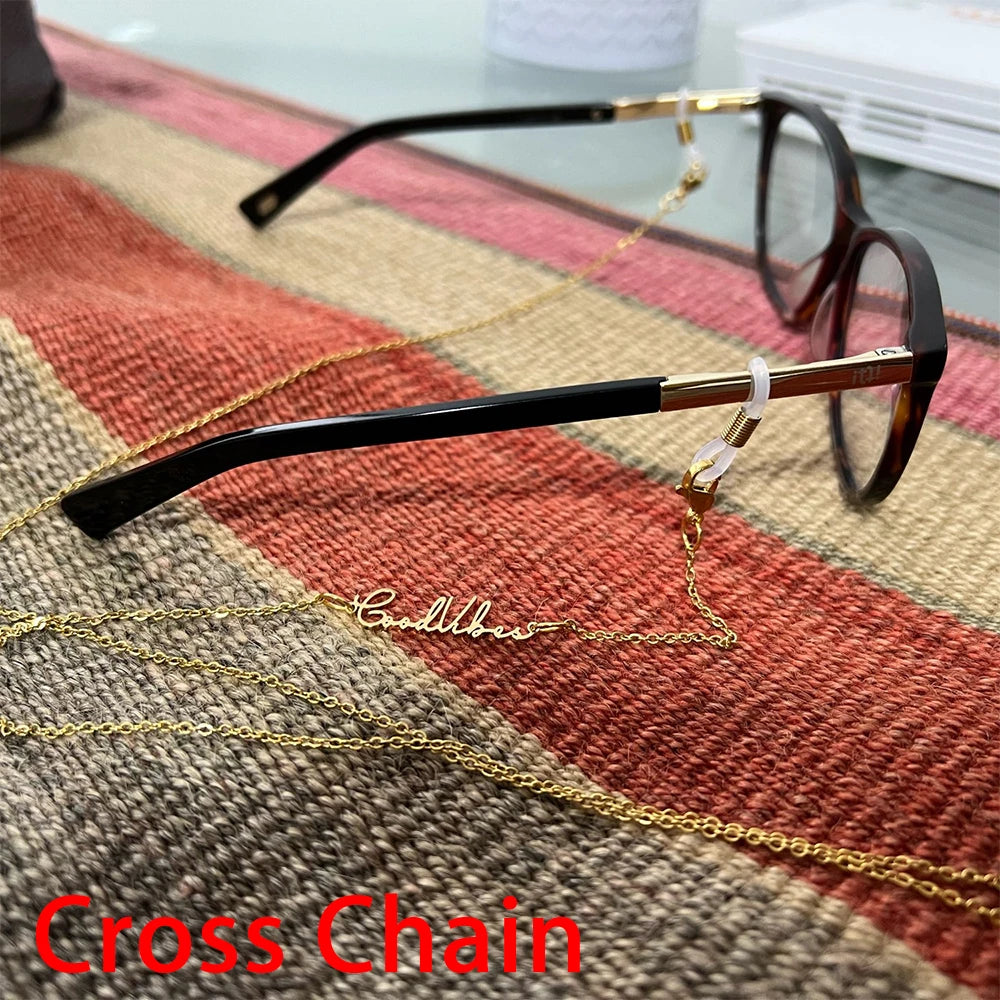 Mini-World 2022 nuevas gafas de sol cadenas adhesivas para mujeres joyería personalizada de acero inoxidable nombre personalizado gafas cadena cordón 