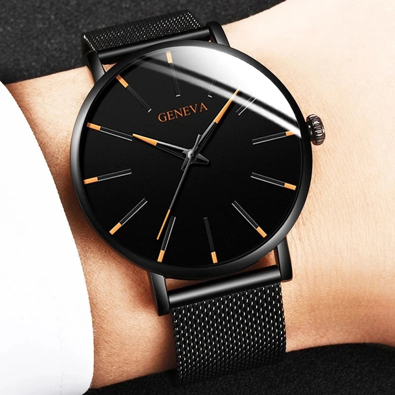 Relojes minimalistas ultrafinos a la moda para hombre, relojes sencillos de negocios con correa de malla de acero inoxidable, reloj de pulsera de cuarzo, reloj Masculino 