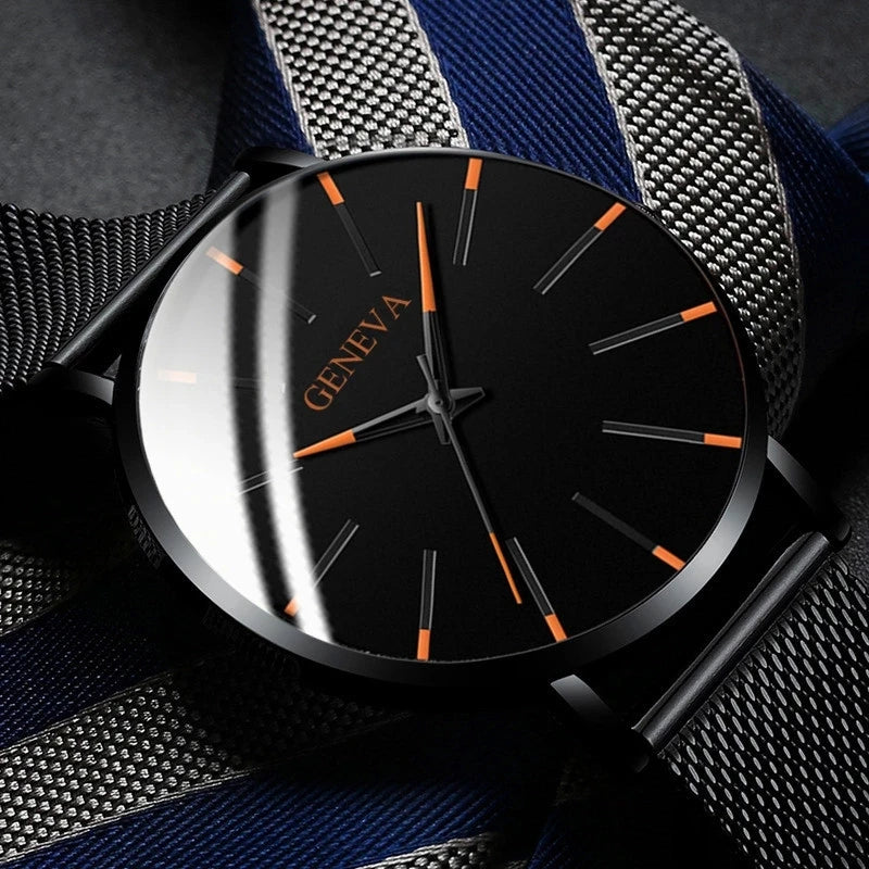 Relojes minimalistas ultrafinos a la moda para hombre, relojes sencillos de negocios con correa de malla de acero inoxidable, reloj de pulsera de cuarzo, reloj Masculino 