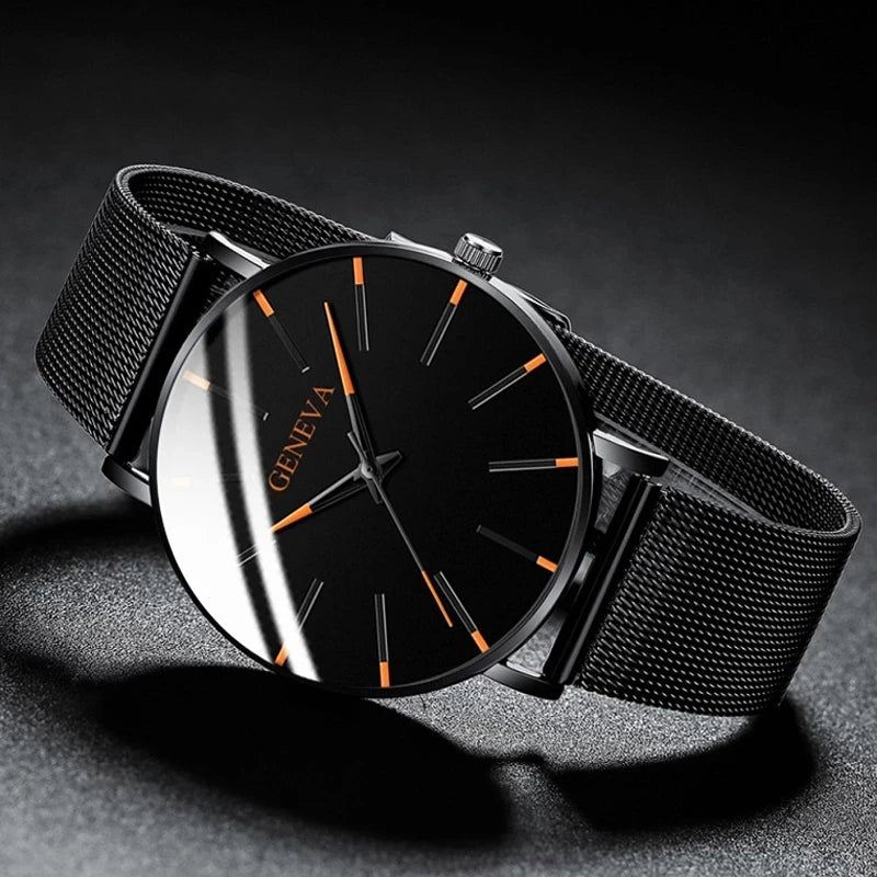 Relojes minimalistas ultrafinos a la moda para hombre, relojes sencillos de negocios con correa de malla de acero inoxidable, reloj de pulsera de cuarzo, reloj Masculino 