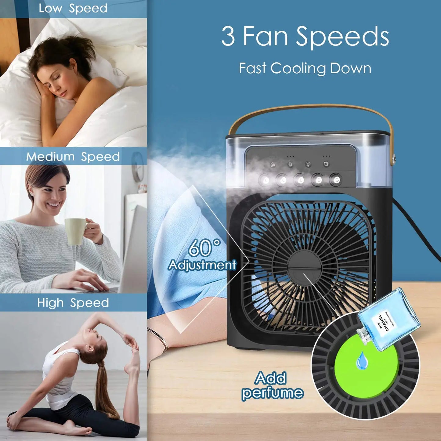 Ventilador de nebulización con cinco orificios para humidificación, ventilador portátil de mano, modelo Usb para escritorio, mesita de noche o mesa de centro 