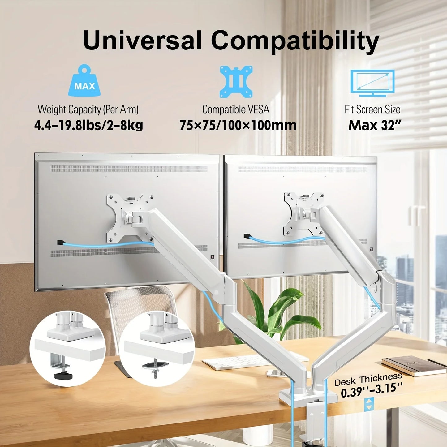 Soporte de monitor para pantallas de 13 a 32 pulgadas, resorte de gas para montaje de monitor dual, brazo de monitor dual ajustable con movimiento completo 