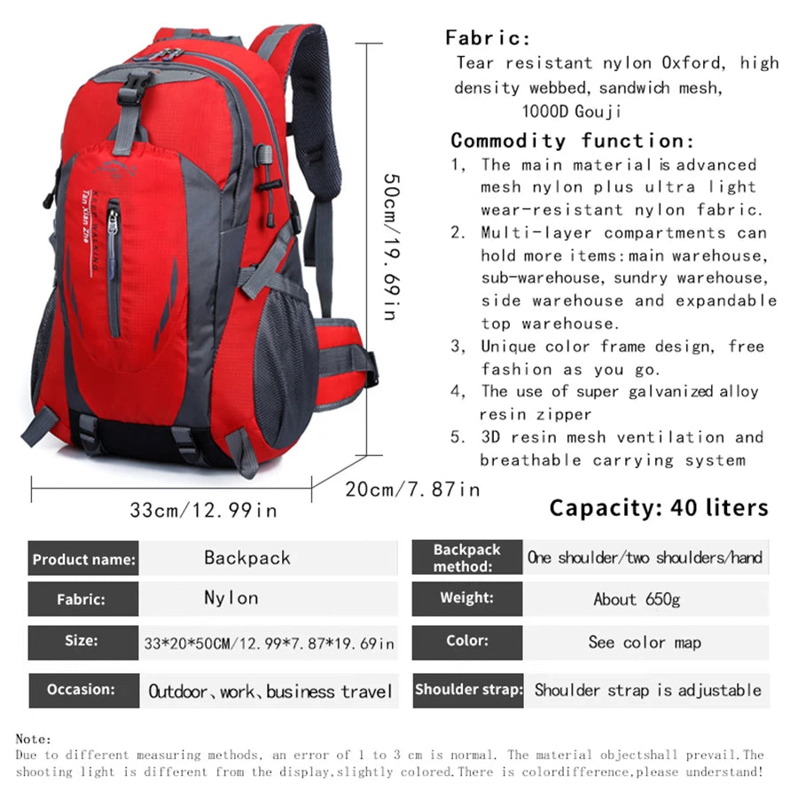 NEW Durable Camping Backpack 40L Large Capacity Travel Rucksack Nylon Waterproof Outdoor Bags Hiking Travel Bag