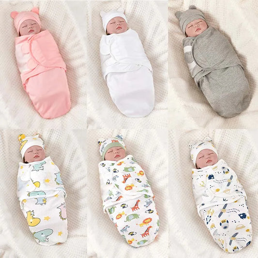 Saco de dormir para recién nacido, manta envolvente de algodón para bebé, saco de dormir ajustable para recién nacido, conjunto de gorro, manta suave y cálida antipatadas