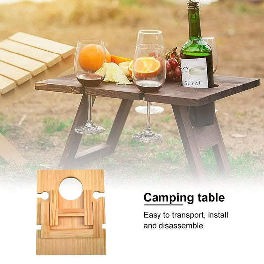 Mesa de Picnic Glamping para exteriores con estante de madera para vino, mesa de madera portátil plegable para acampar, Protector de soporte de almacenamiento de vidrio