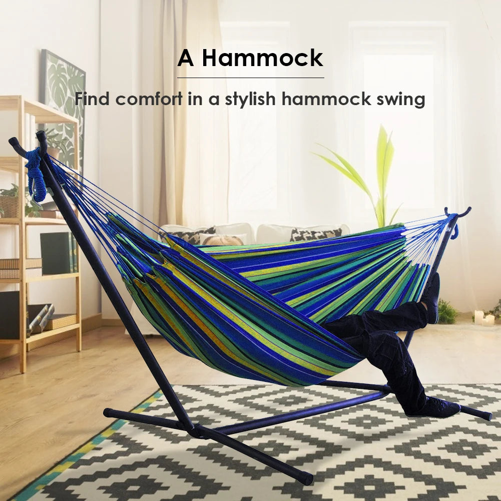 Outdoor Large Hammock Portable Indoors Double Hammock Camping Sleeping Stripe Canvas Hanging Bed Chair Garden Swing