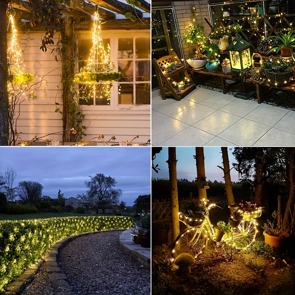 Lámpara con alambre de cobre Solar para exteriores, lámpara de cuento de hadas para jardín, corona de flores de hadas, iluminación de 8 modos, decoración para fiesta de boda de verano 