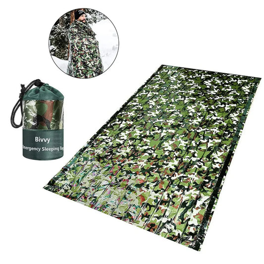 Saco de dormir de emergencia de PE, saco de dormir portátil impermeable de camuflaje de supervivencia de 120x200cm para acampar al aire libre, senderismo y aventura 