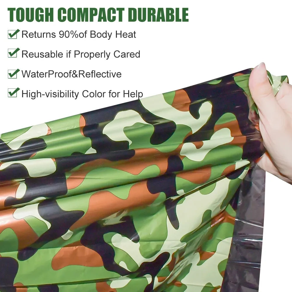 Saco de dormir de emergencia de PE, saco de dormir portátil impermeable de camuflaje de supervivencia de 120x200cm para acampar al aire libre, senderismo y aventura 