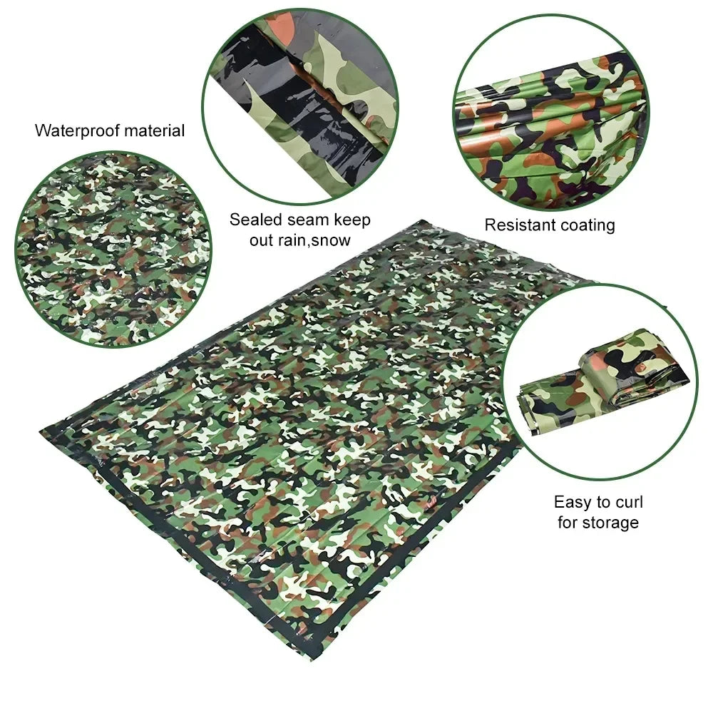 Saco de dormir de emergencia de PE, saco de dormir portátil impermeable de camuflaje de supervivencia de 120x200cm para acampar al aire libre, senderismo y aventura 