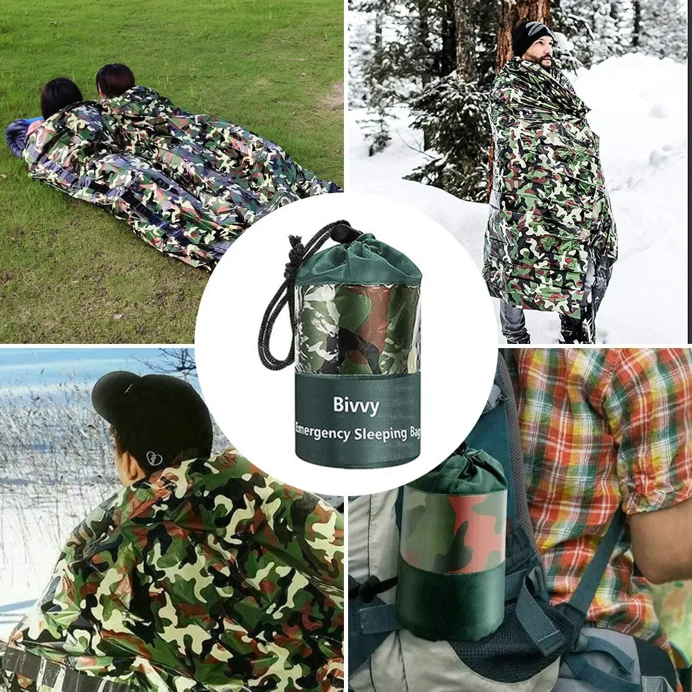 Saco de dormir de emergencia de PE, saco de dormir portátil impermeable de camuflaje de supervivencia de 120x200cm para acampar al aire libre, senderismo y aventura 