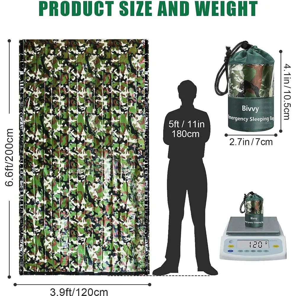 Saco de dormir de emergencia de PE, saco de dormir portátil impermeable de camuflaje de supervivencia de 120x200cm para acampar al aire libre, senderismo y aventura 