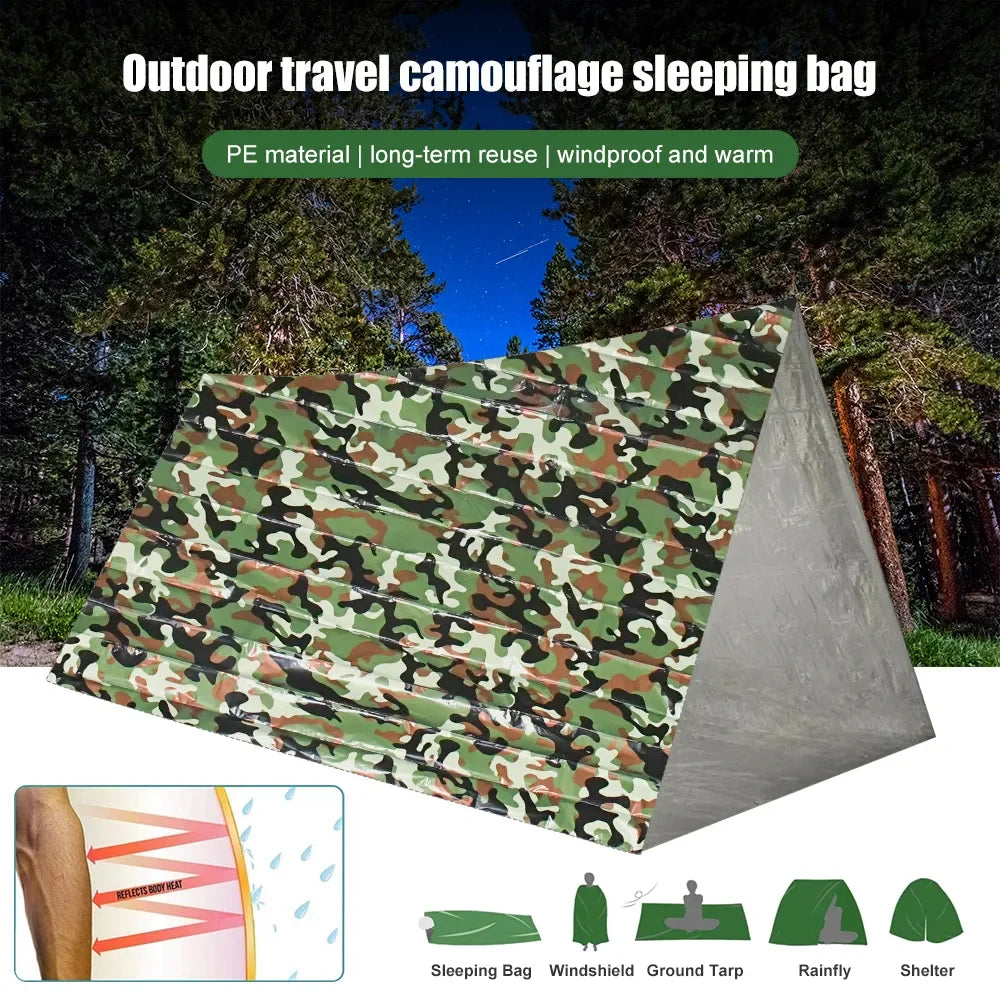 Saco de dormir de emergencia de PE, saco de dormir portátil impermeable de camuflaje de supervivencia de 120x200cm para acampar al aire libre, senderismo y aventura 