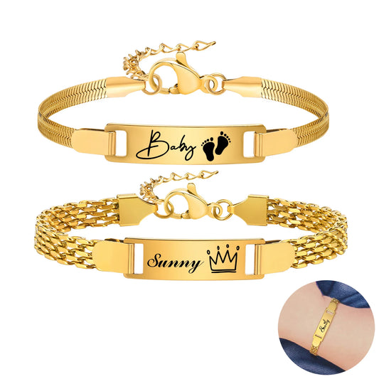 Pulsera de bebé personalizada, acero inoxidable grabado nombre fecha para niños recién nacidos hijo hija mamá regalo de bautismo 