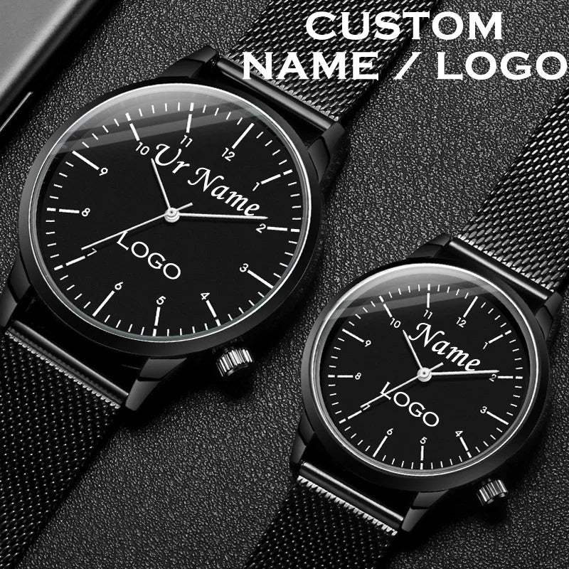 Reloj de pulsera personalizado con grabado con su nombre y logotipo para hombre y mujer, pulsera de malla de acero inoxidable, relojes de pulsera personalizados para hombre y mujer 