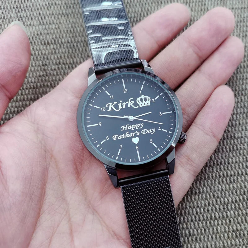 Reloj de pulsera personalizado con grabado con su nombre y logotipo para hombre y mujer, pulsera de malla de acero inoxidable, relojes de pulsera personalizados para hombre y mujer 