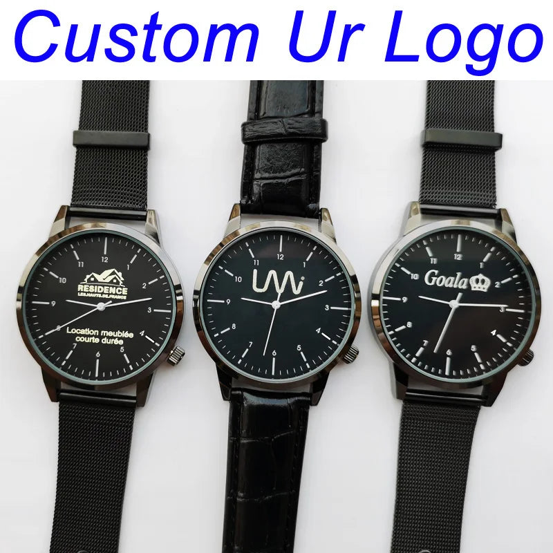 Reloj de pulsera personalizado con grabado con su nombre y logotipo para hombre y mujer, pulsera de malla de acero inoxidable, relojes de pulsera personalizados para hombre y mujer 