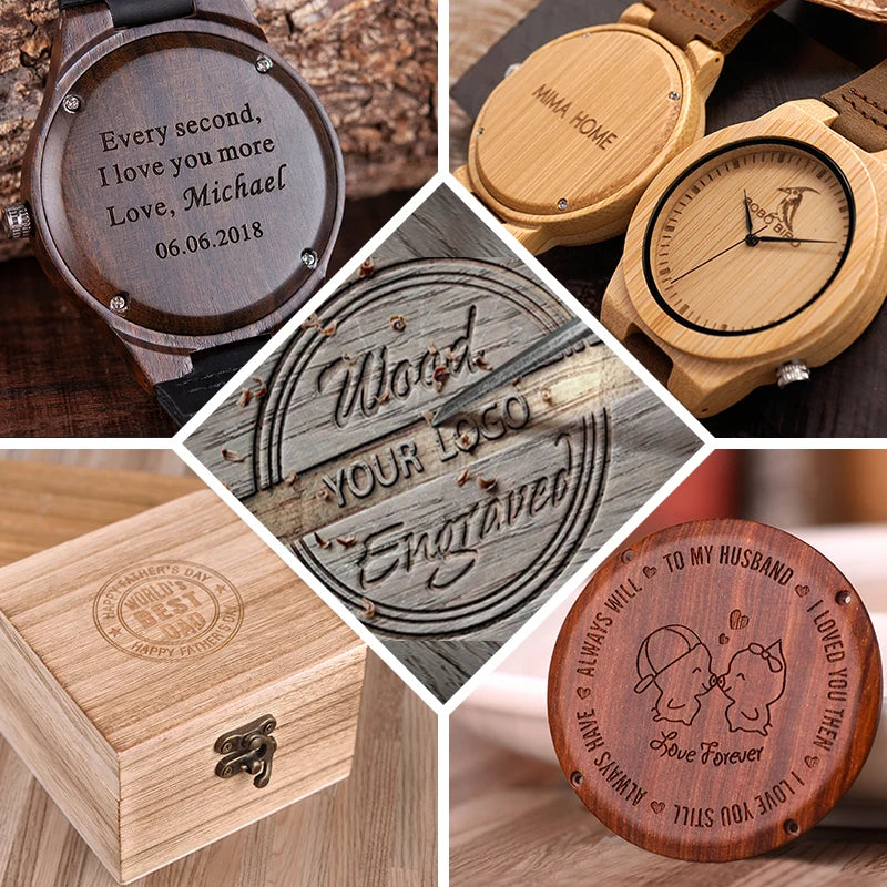 Regalo personalizado Logotipo de la marca MENSAJE Grabado Carga láser tallada en madera Relojes Nombre Personalizar Servicio SOLAMENTE Sin reloj 