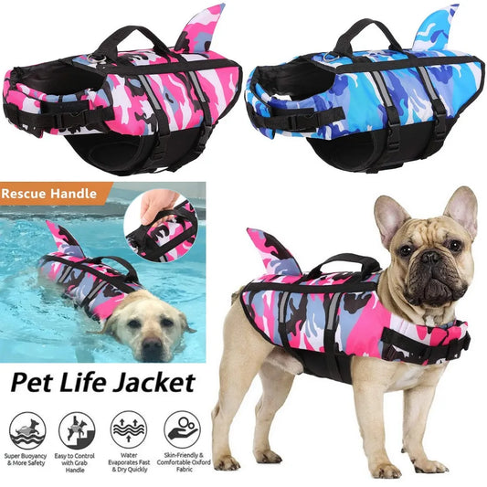 Chaleco salvavidas para perros y mascotas, ropa, chaleco salvavidas, Collar, arnés para mascotas, perro, natación, traje de baño de verano, ropa de camuflaje, tiburón, azul, fucsia 