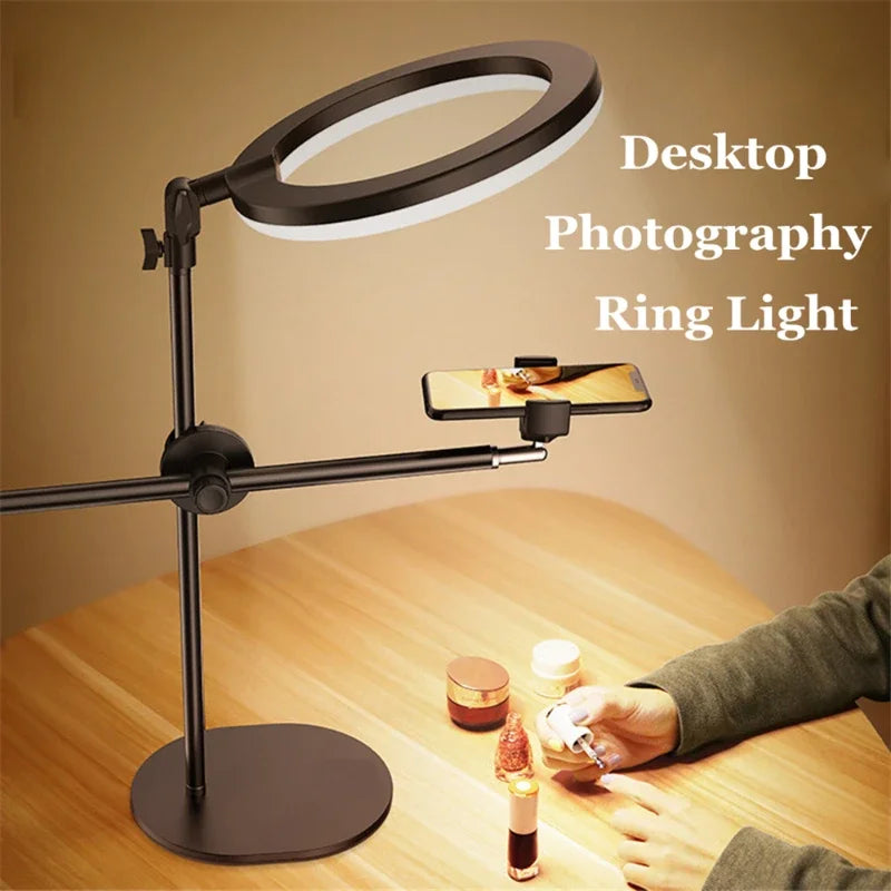 Lámpara de anillo con soporte para teléfono, luz LED retráctil para selfies, lámpara de escritorio profesional para transmisión en vivo de uñas y fotografía 