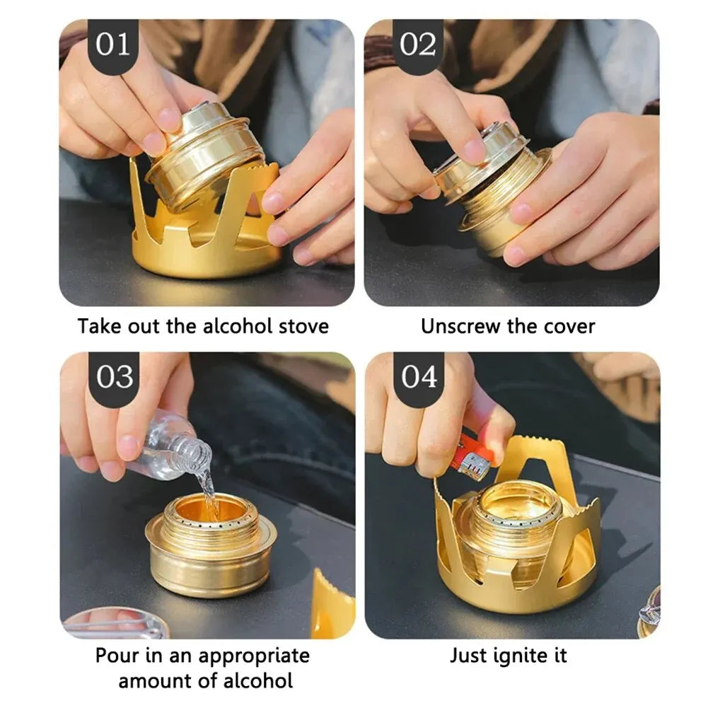 Mini estufa de Alcohol portátil, quemador de gasolina de potencia de fuego ajustable, Soporte de aleación de aluminio, estufas de Camping de latón ultraligeras 