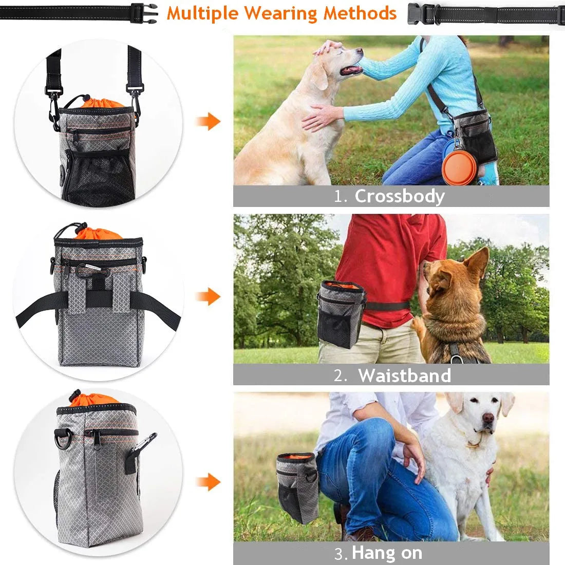 Bolsa portátil para golosinas para mascotas, soporte para alimentos, cinturón ajustable, bolsa de basura, Kit de cuenco plegable, bolsa de entrenamiento para perros multifunción para exteriores 