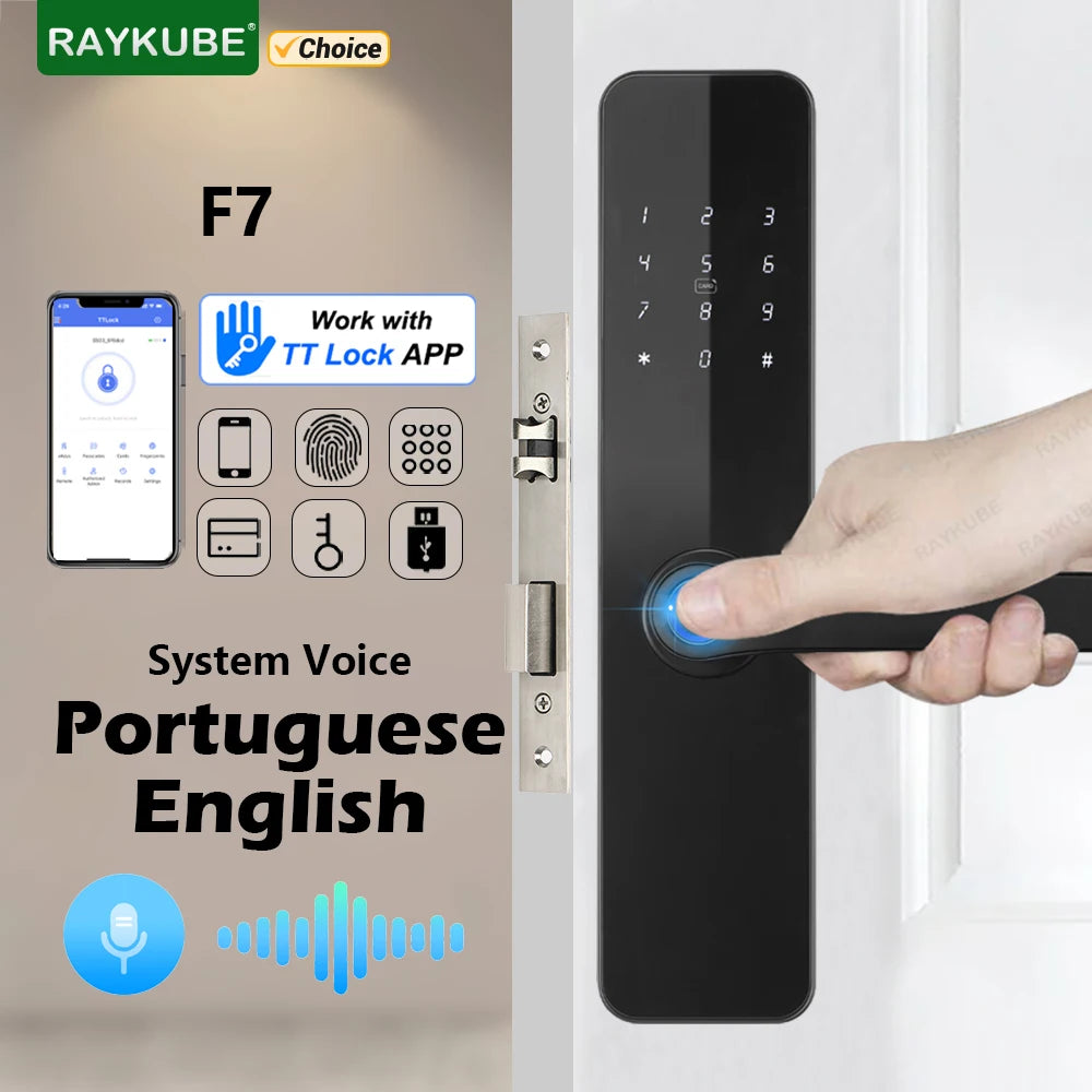 RAYKUBE F7 TT Lock 智能指纹锁电动门锁，带更长更大的手柄面板镜面设计 APP 远程控制