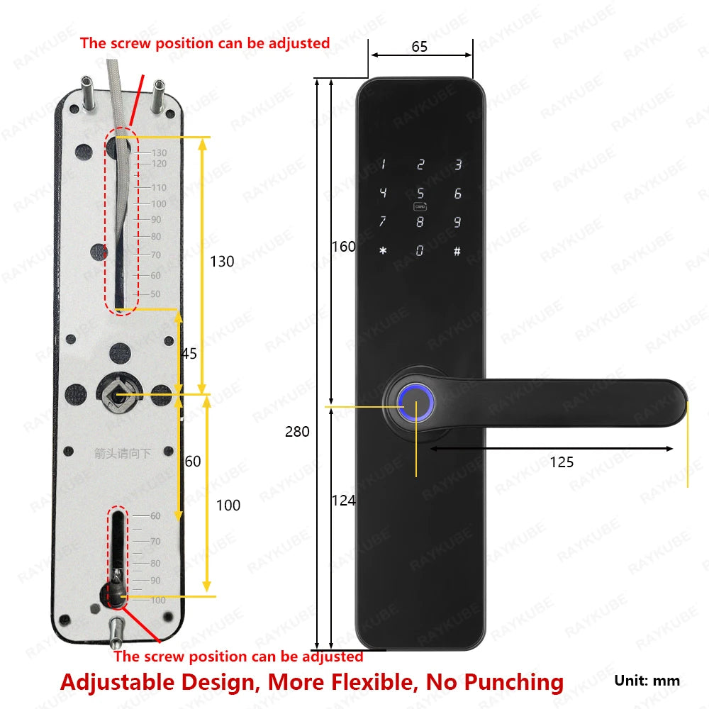 RAYKUBE F7 TT Lock 智能指纹锁电动门锁，带更长更大的手柄面板镜面设计 APP 远程控制