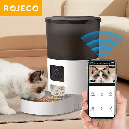 Alimentador automático para gatos ROJECO con cámara de vídeo, dispensador de comida para gatos, grabadora de voz inteligente para mascotas, alimentador automático con Control remoto para perros y gatos 