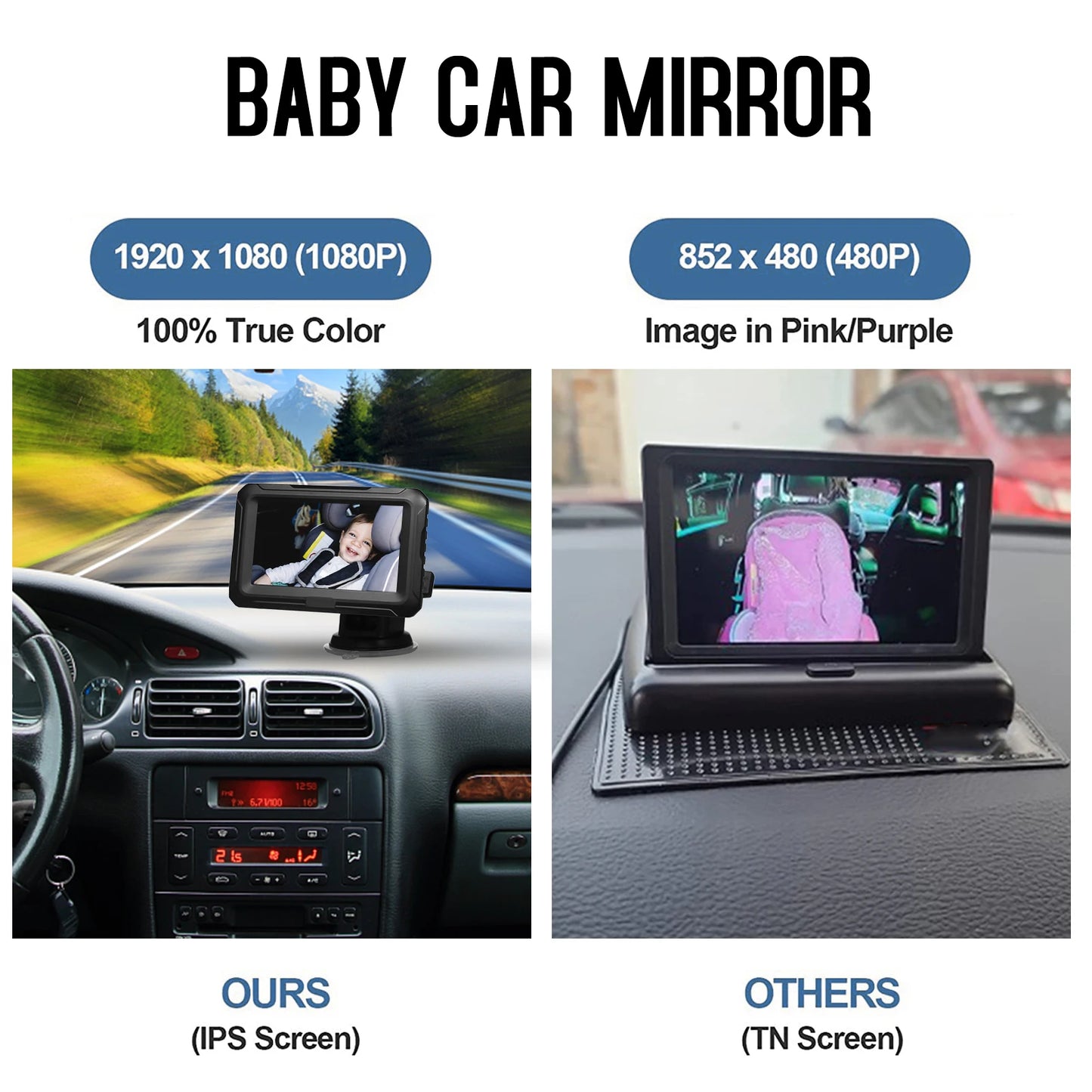 Monitor de visión trasera, pantalla IPS de 4,3 pulgadas, espejo de coche para bebé, ángulo de visión amplio ajustable para bebés, niños, mascotas, función de visión nocturna 