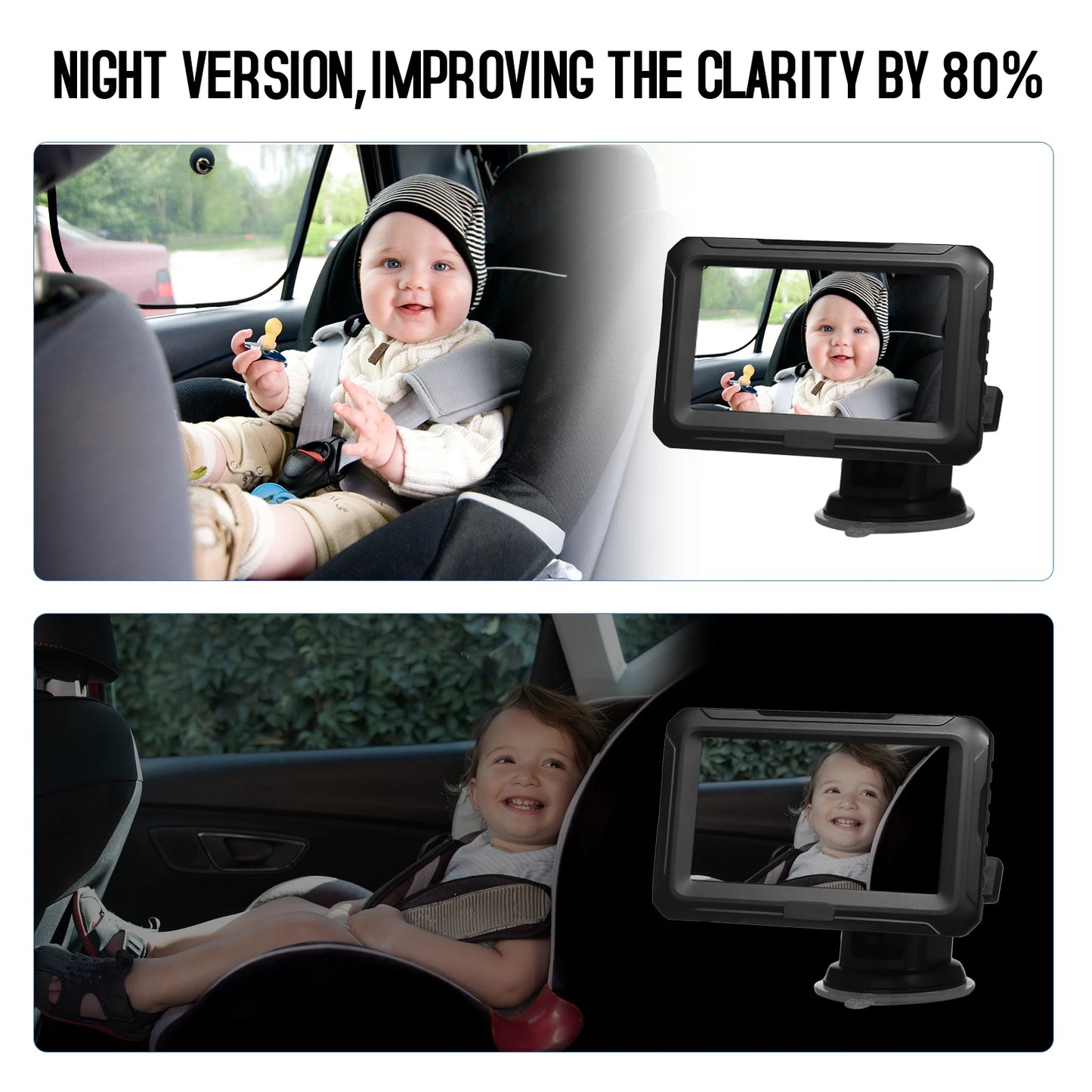 Monitor de visión trasera, pantalla IPS de 4,3 pulgadas, espejo de coche para bebé, ángulo de visión amplio ajustable para bebés, niños, mascotas, función de visión nocturna 