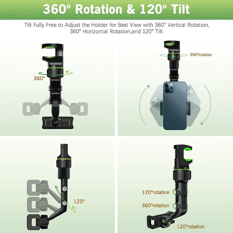 后视镜手机支架，360°可旋转伸缩车载手机支架，适用于所有汽车的多功能后视镜支架