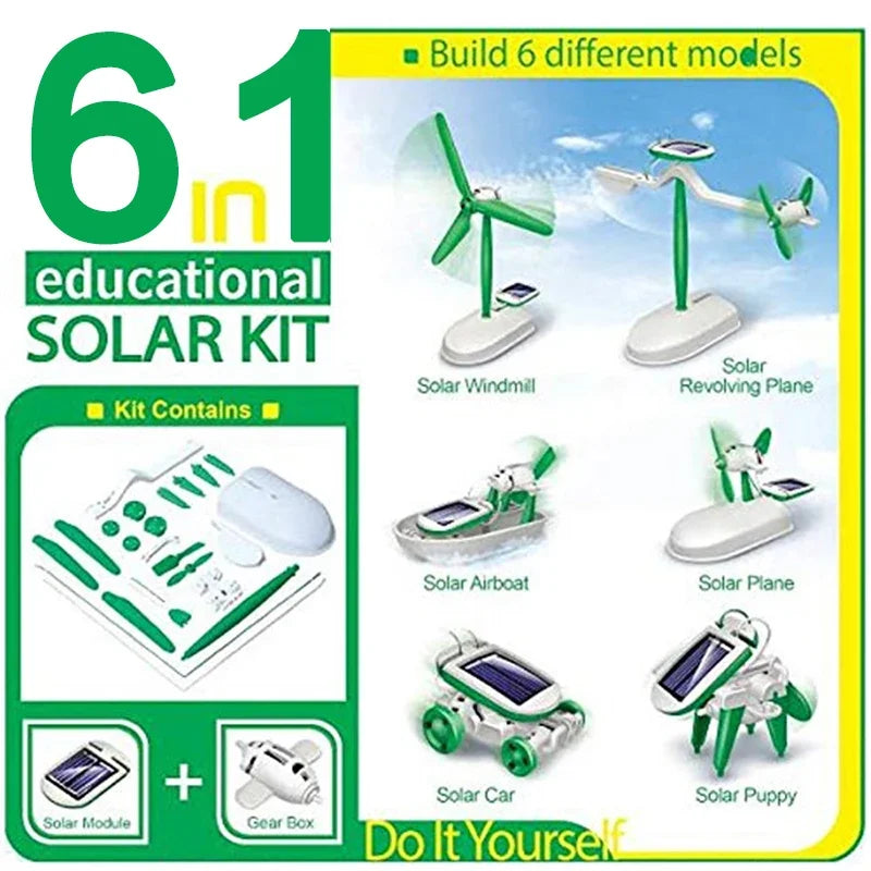 Renewable Energy Six-in-One Solar Toy Educational DIY Kit to Build Power Plane Boat Car Train and Puppy Model for Kids