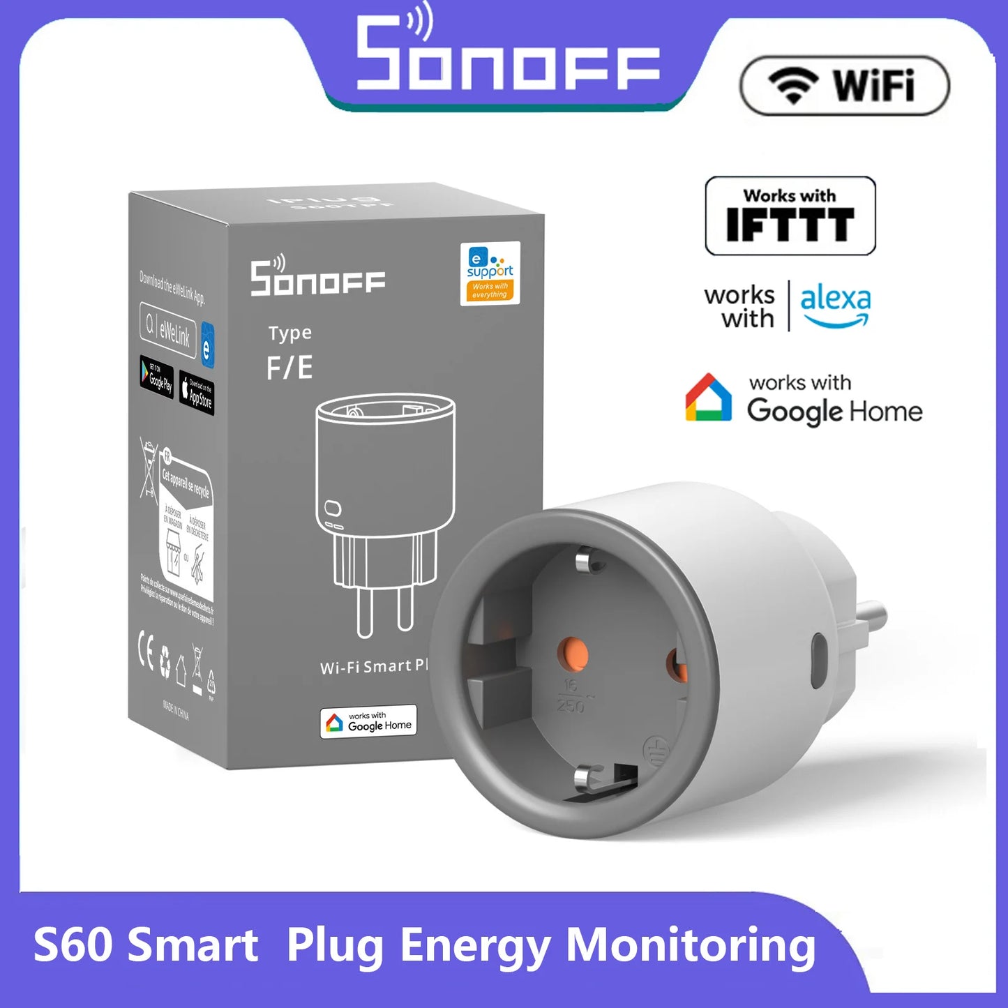 SONOFF S60 UE/Reino Unido WiFi enchufe inteligente Monitor de potencia toma de corriente inteligente temporizador de protección de sobrecarga a través de EWeLink Alexa Google Home IFTTT 