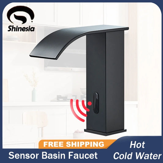 Shinesia Black Bathroom Faucet Deck Mounted Automatic Sensor Water Mixer Crane Free Touch Sink Tap Bathroom Sink Faucets