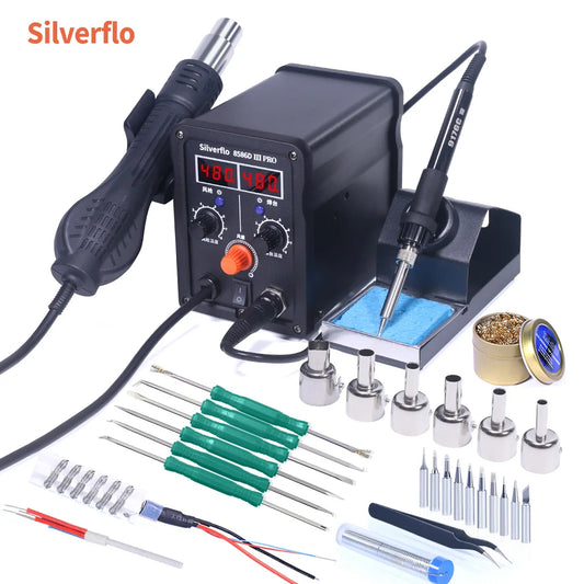 Silverflo 8586D-IIIPRO Soldering Station 2 in 1 Soldering Iron Hot Air Rework Station for Heat Shrinking BGA SMD IC Repair