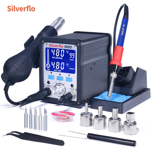 Silverflo 995D Soldering Station 2 in 1 LCD Display Soldering Iron Hot Air Station BGA SMD PCB Phone Welding Repair tools