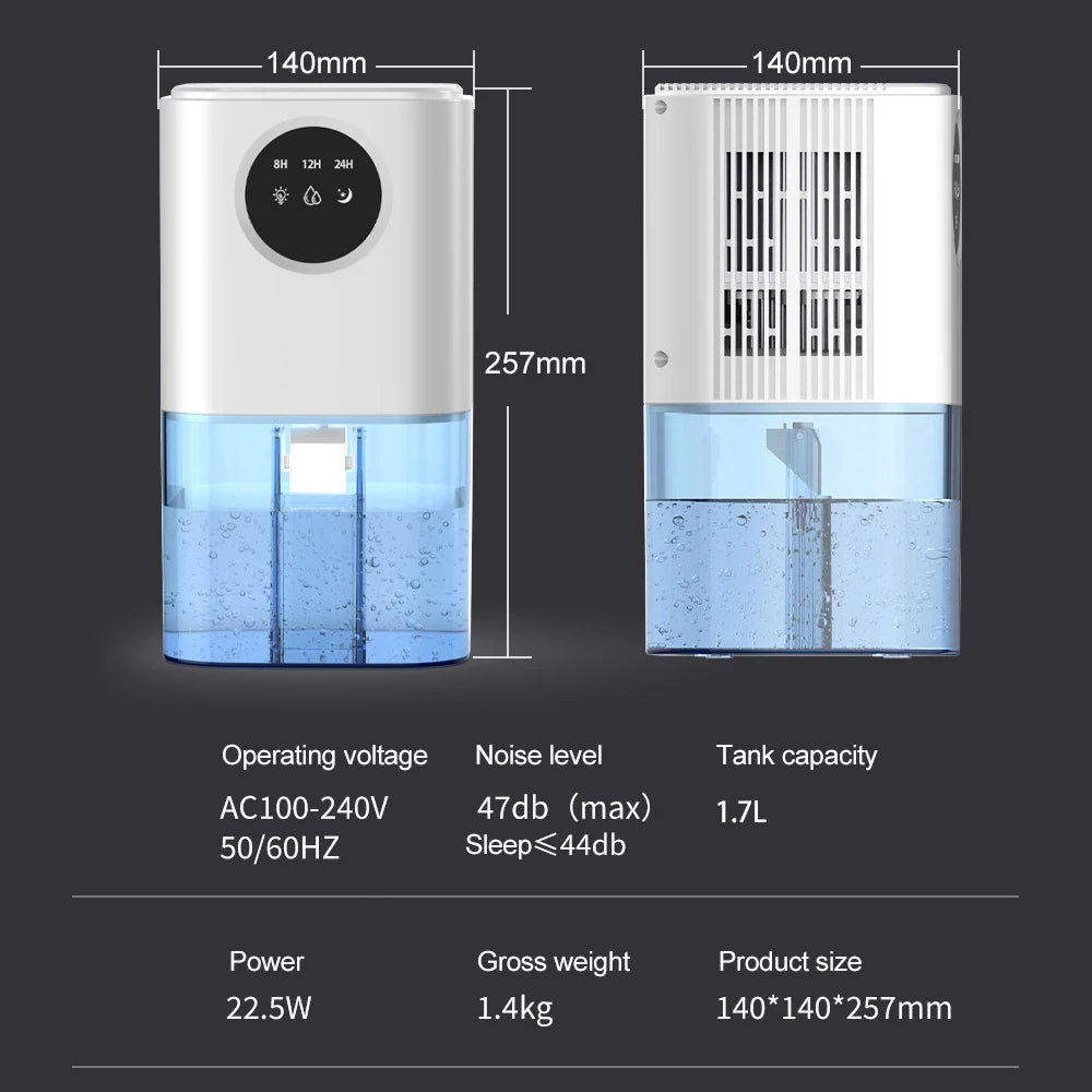 Deshumidificador pequeño para el hogar, secador de aire de gran capacidad, eliminador de humedad para interiores, dormitorio, oficina, purificación de aire silenciosa, deshumidificador de 1,7 L