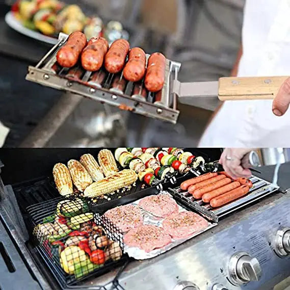 Stainless Steel BBQ Tools with Rustproof Square Grilling Grid Sausage Roller Rack Easy To Clean Party Camping Sausage Tools