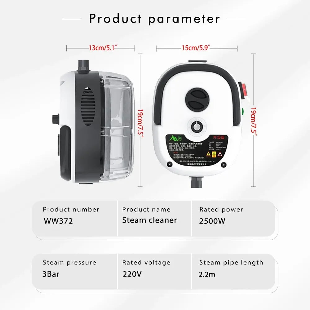 Limpiador de vapor de alta presión de 2500W, Limpiador de vapor portátil de alta temperatura para limpieza del hogar, cocina, baño y coche 