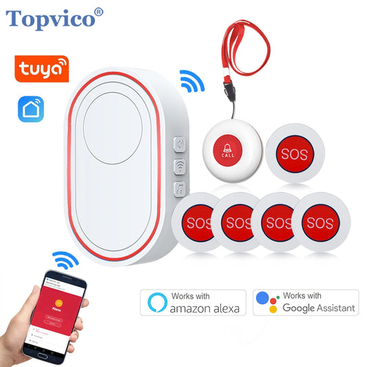 Topvico Wifi 紧急按钮报警器 预防老年人痴呆症跌倒 RF433mhz 无线床头报警器 护理人员寻呼机 Tuya APP 