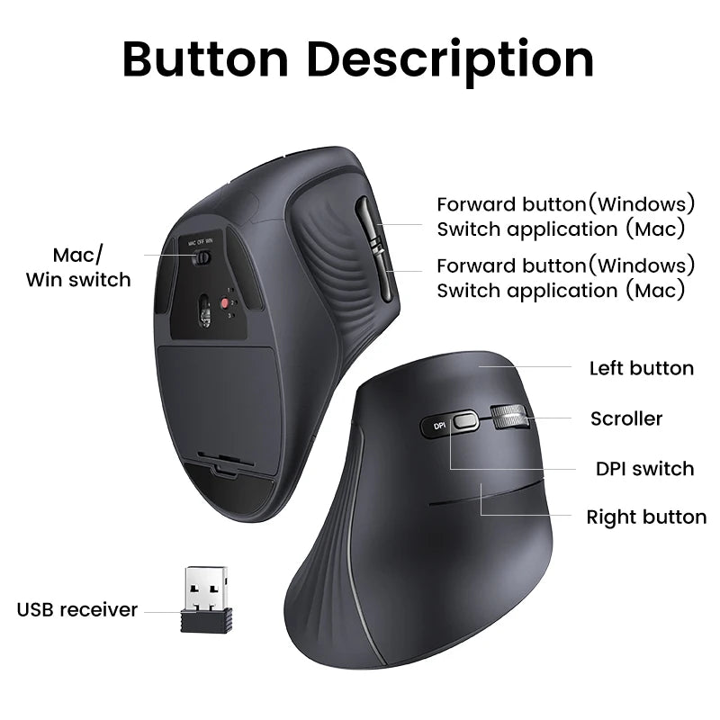 UGREEN Vertical Mouse Wireless Bluetooth5.0 2.4G Ergonomic 4000DPI 6 Mute Buttons for MacBook Tablet Laptops Computer PC Mice