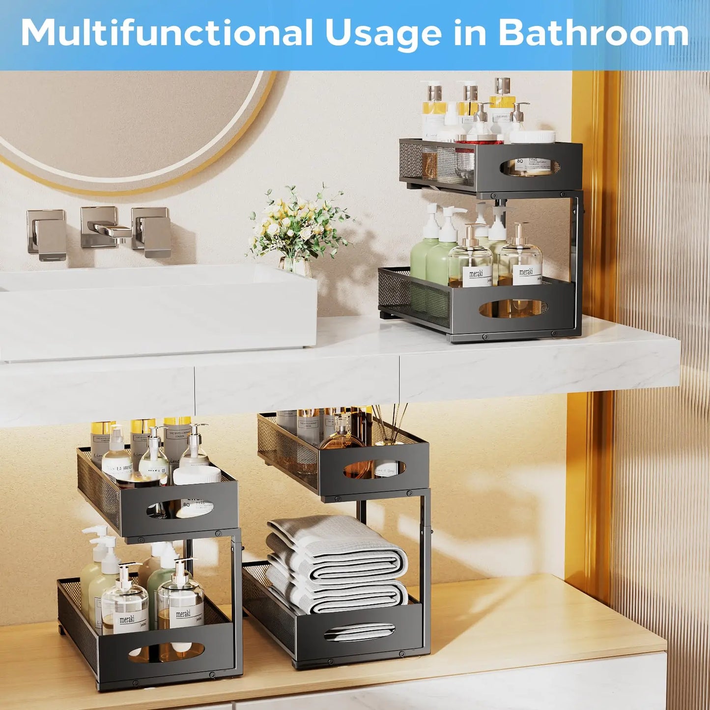 Under Sink Organizers and Storage, Adjustable 2 Tier Metal Pull out Cabinet Organizer for Bathroom, Kitchen, Pantry