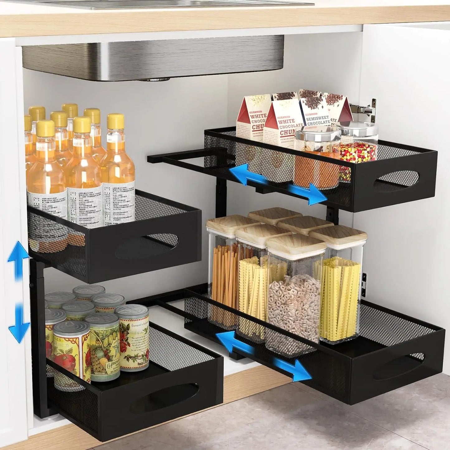 Under Sink Organizers and Storage, Adjustable 2 Tier Metal Pull out Cabinet Organizer for Bathroom, Kitchen, Pantry