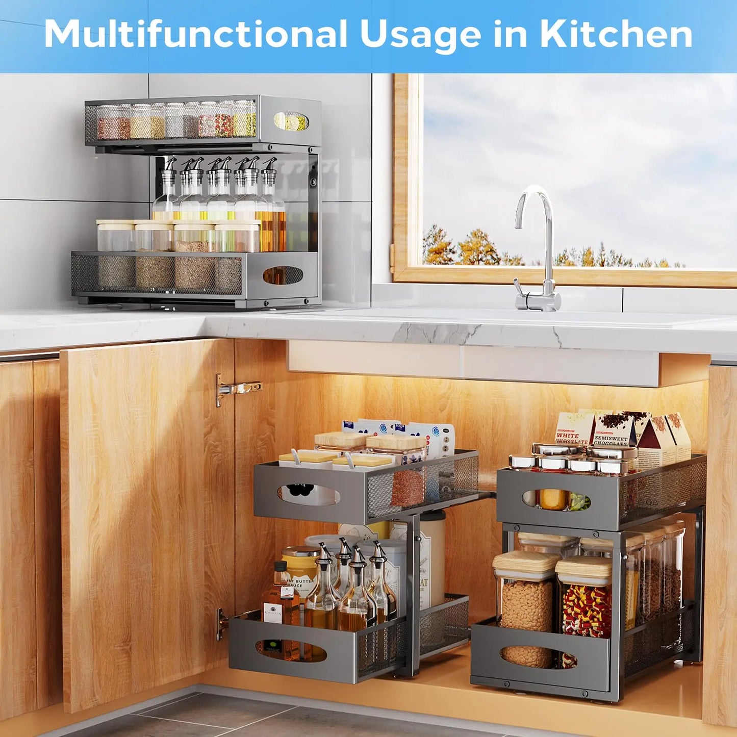 Under Sink Organizers and Storage, Adjustable 2 Tier Metal Pull out Cabinet Organizer for Bathroom, Kitchen, Pantry