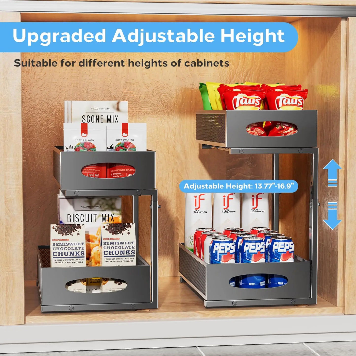 Under Sink Organizers and Storage, Adjustable 2 Tier Metal Pull out Cabinet Organizer for Bathroom, Kitchen, Pantry