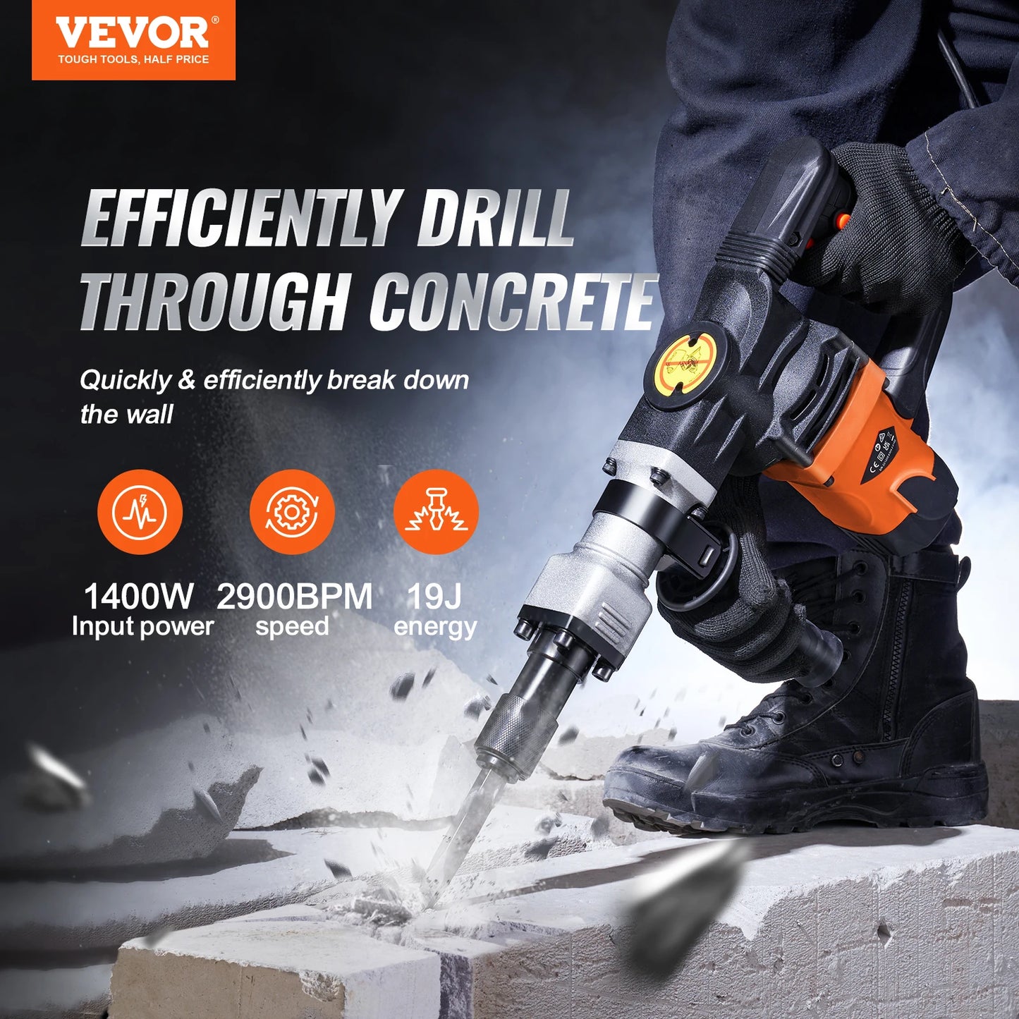 VEVOR 1400W Demolition Jack Hammer Electric Jackhammer Heavy Duty 2900 BPM Concrete Breaker 2pcs Chisels Bits Chipping