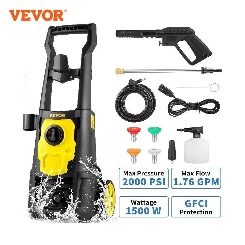 VEVOR 1500W High Pressure Car Washer 2000 PSI Electrical Portable Car Washing Machine Auto Wash Washers Spray Gun for Home Use